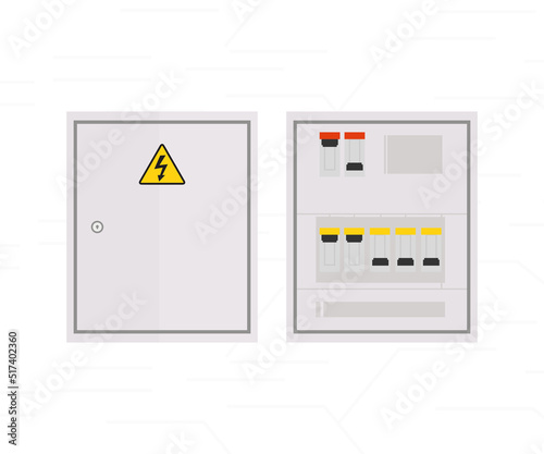 Outdoor electric control box logo design. Transformer cabinet, circuit breakers, electrical panel, switch with wires,  fuse box vector design and illustration. photo