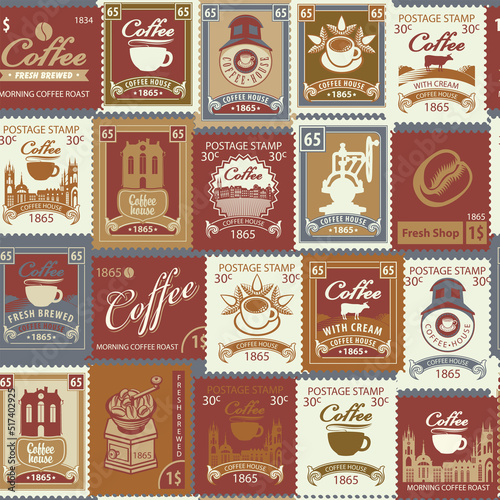 Seamless pattern with postage stamps on the theme of coffee and coffee house in retro style. Repeating vector background in brown colors. Suitable for wallpaper, wrapping paper, fabric, package.