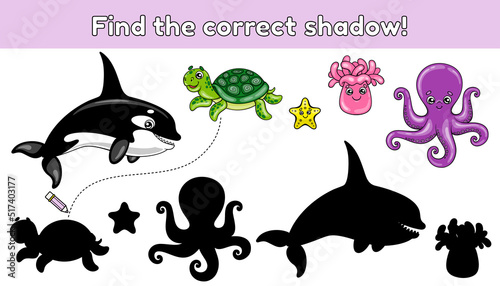 Find the correct shadow. Educational game for children. Vector illustration of cartoon sea animals.