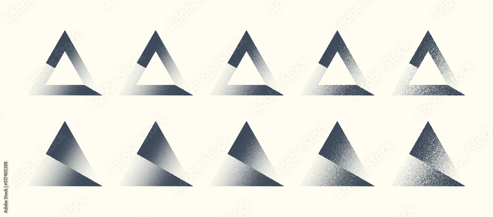 Abstract Shifted Triangle Shapes Hand Drawn Retro Dotwork Art Vector Set In Different Variations Isolated On Light Back. Various Degree Black Noise Stippling Figures Design Element Texture Collection Abstract Shifted Triangle Shapes Hand Drawn Retro Dotwork Art Vector Set In Different Variations Isolated On Light Back. Various Degree Black Noise Stippling Figures Design Element Texture Collection