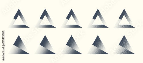 Abstract Shifted Triangle Shapes Hand Drawn Retro Dotwork Art Vector Set In Different Variations Isolated On Light Back. Various Degree Black Noise Stippling Figures Design Element Texture Collection