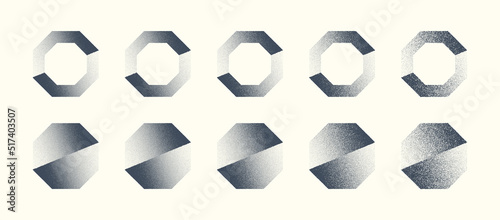 Abstract Shifted Octagon Shapes Hand Drawn Retro Dotwork Art Vector Set In Different Variations Isolate On Light Background. Various Degree Black Noise Stipple Dots Design Elements Texture Collection