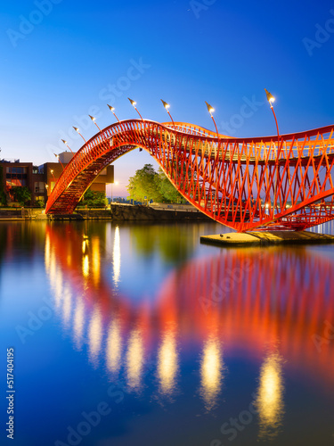Obraz na płótnie A bridge in the city at night. The bridge on the blue sky background during the blue hour. Architecture and design. The Python Bridge, Amsterdam, the Netherlands. w salonie