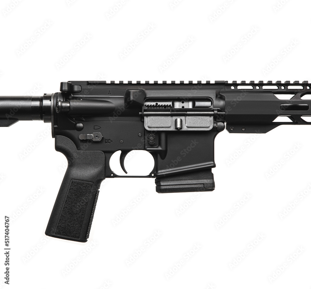 Modern automatic rifle isolated on white. Weapons for police, special forces and the army. Automatic carbine with mechanical sights.