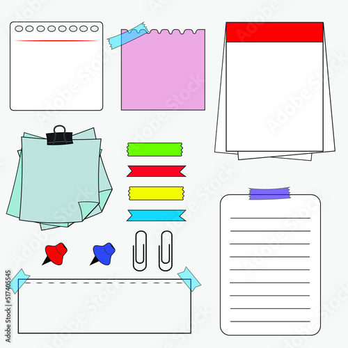 Note sheets, buttons, paper clips and notepad, vector graphics, stationery.