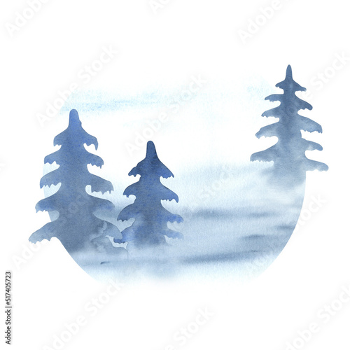 Gray-blue spruces. Foggy landscape. Round postcard. New Year's composition. Hand illustration.
