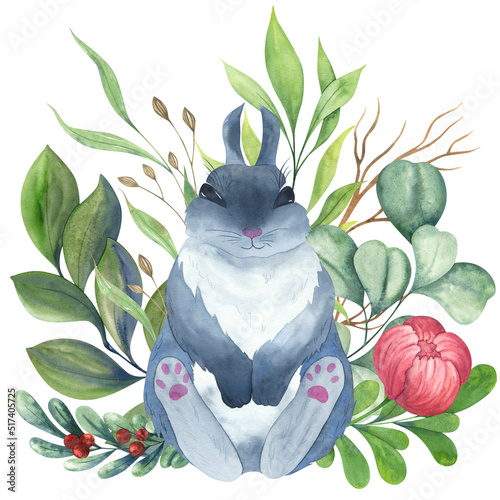 Cute gray rabbit with flowers. Fluffy rabbit sitting. Wild grasses, peony, cranberries and dry branches. New Year and Easter card