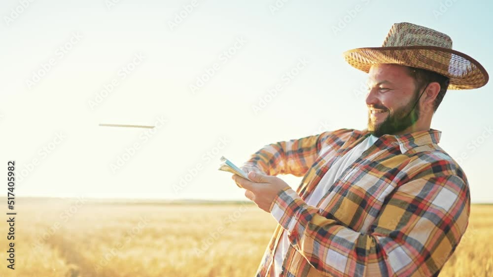 Caucasian happy rich businessman farmer with beard in straw hat holding in hands and counting stack of bills of money and cash flying across wheat field. Agribusiness. Male laughing and toothy smile. Caucasian happy rich businessman farmer with beard in straw hat holding in hands and counting stack of bills of money and cash flying across wheat field. Agribusiness. Male laughing and toothy smile.