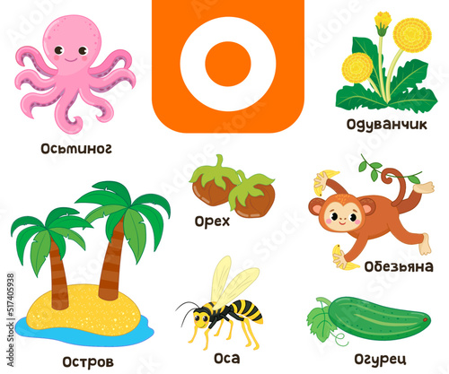 Russian alphabet. Written in Russian octopus, cucumber, dandelion, island, walnut, wasp, monkey photo