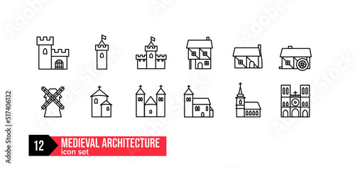 medieval architecture icon set buildings, church, cathedral, chapel, mill, windmill, cottage, house, castle, tower