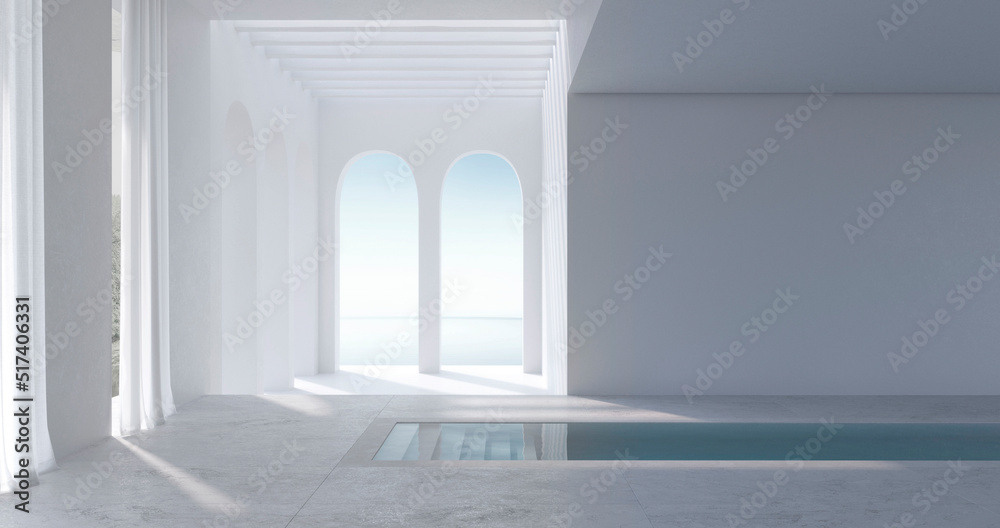 Luxury empty total white swimming pool interior with sea view. 3d render