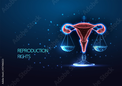 Reproduction rights, abortion law concept with female uterus and scales symbol on dark blue