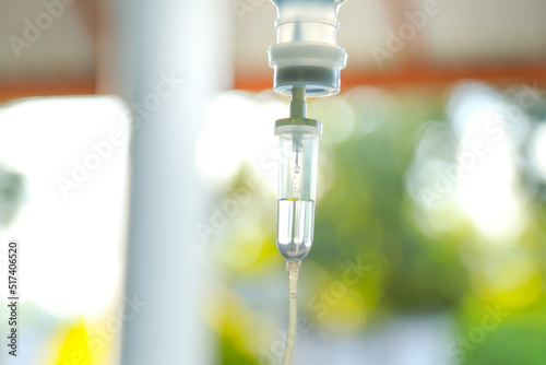 Set iv fluid intravenous drop saline drip hospital room,Medical Concept,treatment emergency and injection drug infusion care chemotherapy, concept.blue light background,selective focus