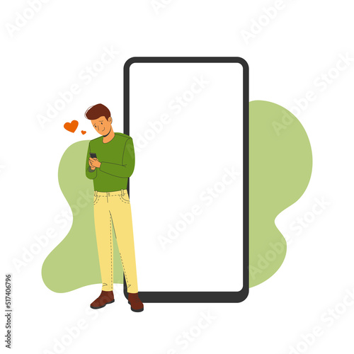 Phone template with correspondence next to a man in love. Vector illustration