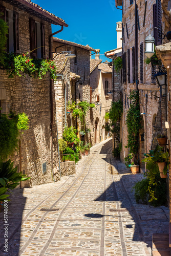 Fototapeta Naklejka Na Ścianę i Meble -  Beautiful medieval street with flowers and plants in the historic center of Spello, Umbria Italy