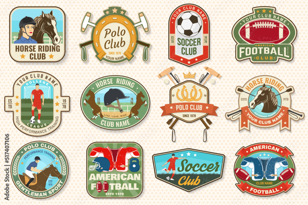 © sivvector - Set of american football, soccer, polo and horse riding club embroidery patch. Vector. Sticker design with soccer, american football sportsman player, helmet, ball rider and horse silhouette. © sivvector - Set of american football, soccer, polo and horse riding club embroidery patch. Vector. Sticker design with soccer, american football sportsman player, helmet, ball rider and horse silhouette.