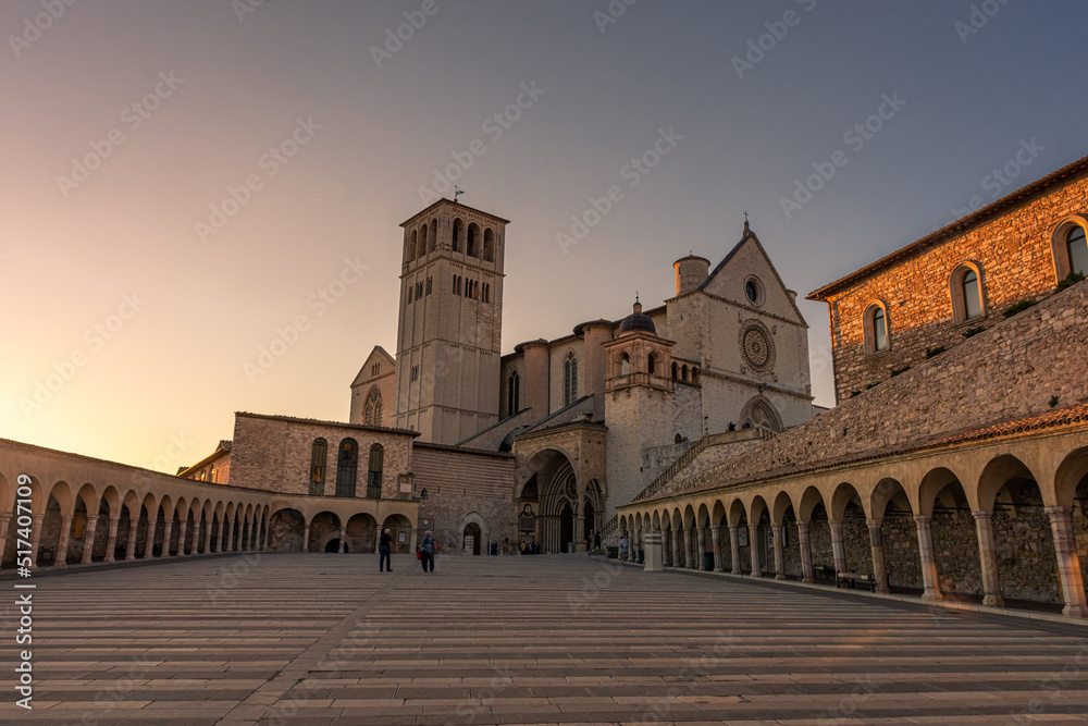 ASSISI, ITALY, 6 AUGUST 2021 Sunset over the San Francesco Basilica, one of the most important catholic churches