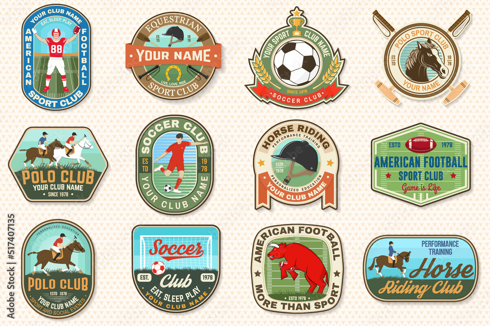 Naklejka premium Set of american football, soccer, polo and horse riding club embroidery patch. Vector. Sticker design with soccer, american football sportsman player, helmet, ball rider and horse silhouette.
