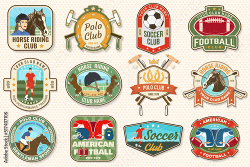 Set of american football, soccer, polo and horse riding club embroidery patch. Vector. Sticker design with soccer, american football sportsman player, helmet, ball rider and horse silhouette.