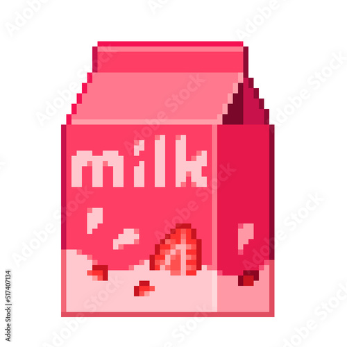 An 8 bit pixel-art retro-styled cartoon strawberry milk carton.