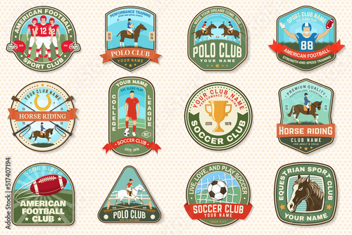 Set of american football, soccer, polo and horse riding club embroidery patch. Vector. Sticker design with soccer, american football sportsman player, helmet, ball rider and horse silhouette.