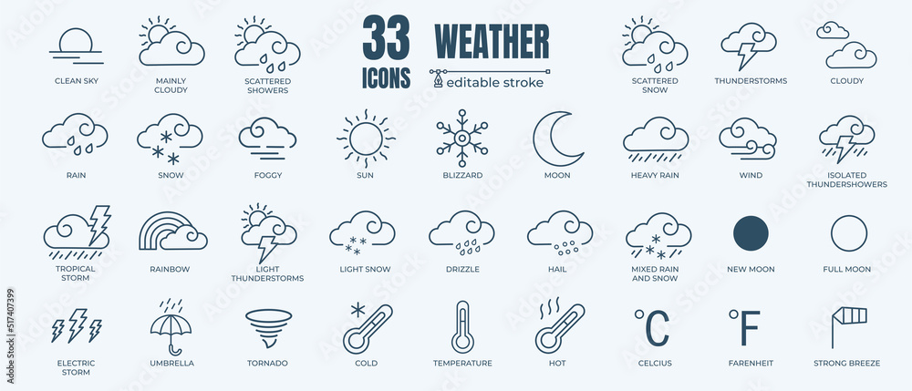 Weather icon set with editable stroke and white background. Thin line style stock vector. - obrazy, fototapety, plakaty 