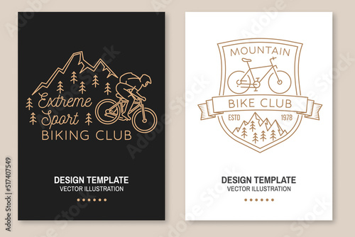 Set of Mountain biking flyer, brochure, banner, poster. Vector illustration. Concept for shirt or logo, print, stamp or tee. Vintage line art design with man riding bike and mountain silhouette.