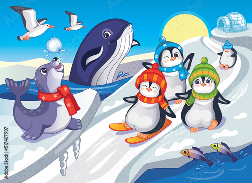 Fabulous illustration for puzzles. Magic background with funny animals. Children's print. Penguins, whale and seal in Antarctica. Doll or toy. Happy family and friends. Wonderland. Fairy tale. Vector.