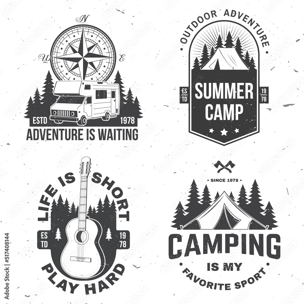 Set of camping badges. Vector illustration. Concept for shirt or logo, print, stamp or tee. Vintage typography design with compass, guitar, camping caravan car, tent, mountain, axe and forest