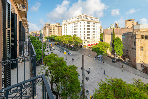 Photography From from a balcony terrace of the skyline and Plaça Nova square of Barcino alongside the Barcelona Cathedral near the Gothic Quarter of Barcelona, Spain