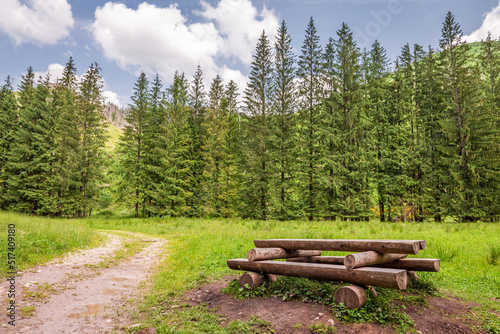 Wallpaper Mural Wooden bench in Koscieliska valley in Tatra Mountains, Poland Torontodigital.ca