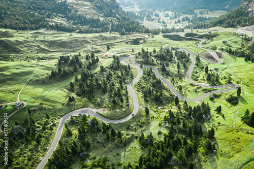 Aerial view of road at Passo Gardena in Dolomites, Italy