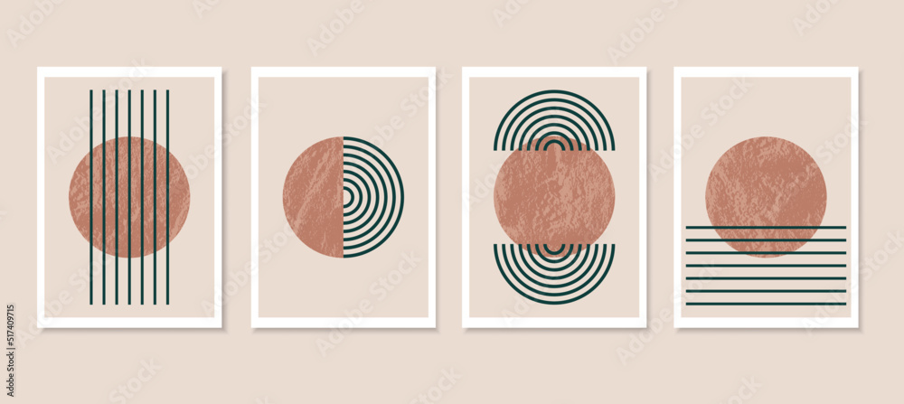 Minimalist abstract art background with circles. Brown clay color. Black lines. Geometric shapes. Aesthetic vector illustrations for wall decor, posters, covers, cards, invitations and branding.
