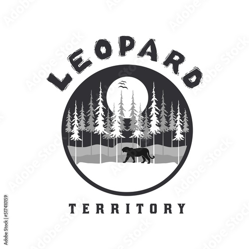 Jungle Forest Logo With Panther Puma Jaguar Silhouette Under the Moonlight Vector design