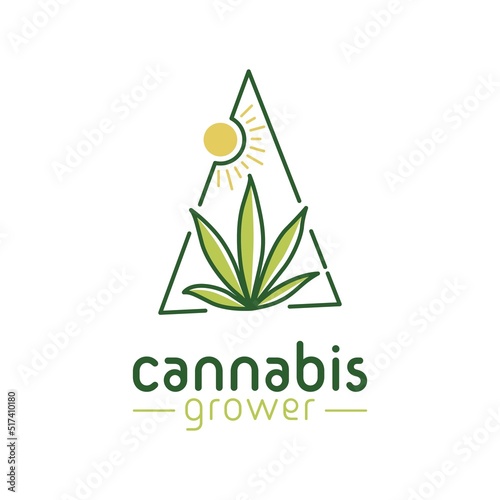 Marijuana Cannabis Leaf with Sun logo design, Simple Minimalist Grass With Sunlight Logo
