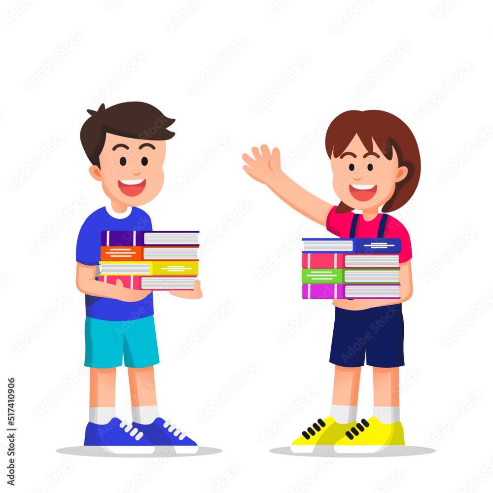 happy little boy and girl carrying several piles of books happy little boy and girl carrying several piles of books