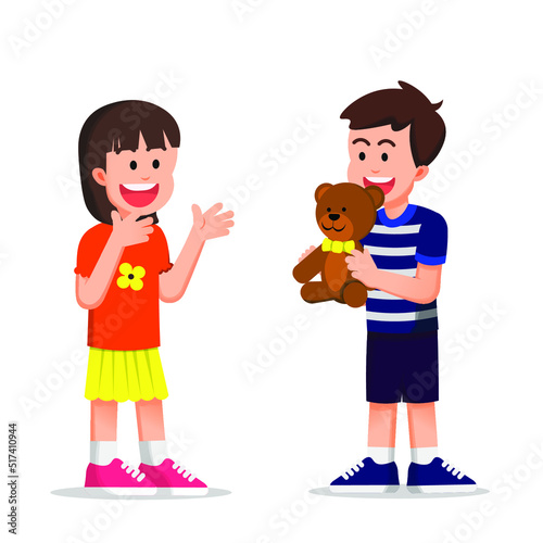 a cute boy surprises his friend with a teddy bear gift