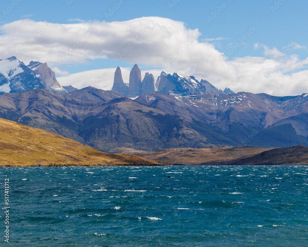 Torres de Paine as seen from the Aqua Lake, Chilean Patagonia