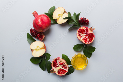 Rosh hashanah concept. Frame made of symbols jewish New Year holiday Traditional. Top view with copy space