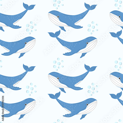 Seamless pattern with cute whale. Hand drawn illustration in scandinavian style for children.