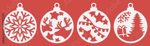 Christmas tree decorations set. Silhouette of Christmas round toys. Balls with snowflakes. Template for laser cutting. Isolated vector illustration.