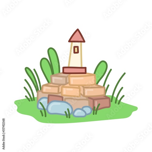Lighthouse stands on bricks. Garden decoration on stone mountain. Vector art hand drawn on white background.