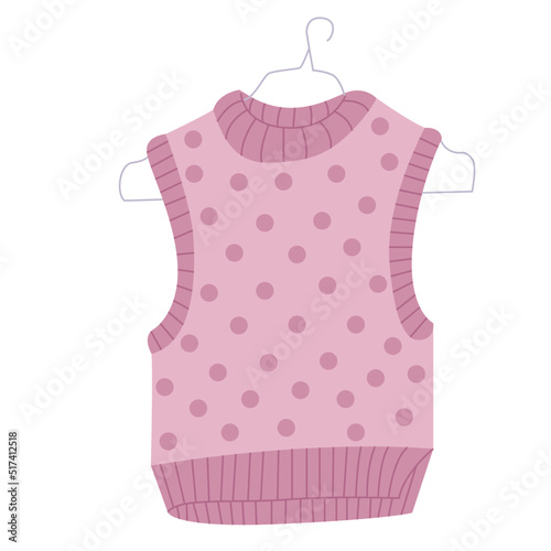 Warm knitted vest. Shoulder product on a hanger tied by hand. Pink warm  vest for cold winter. Flat vector illustration isolated on a white background.