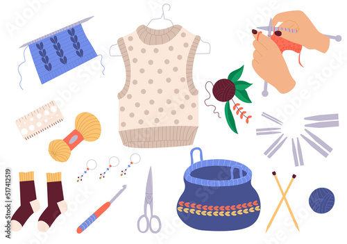 Set of winter knitwear and knitting tools isolated on white background - woolen vest, socks, needles, hook, yarn. Flat cartoon vector illustration