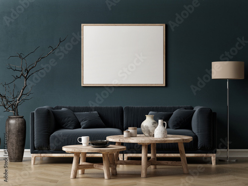 Blank poster in blue living room background, 3d illustration © nikolarakic