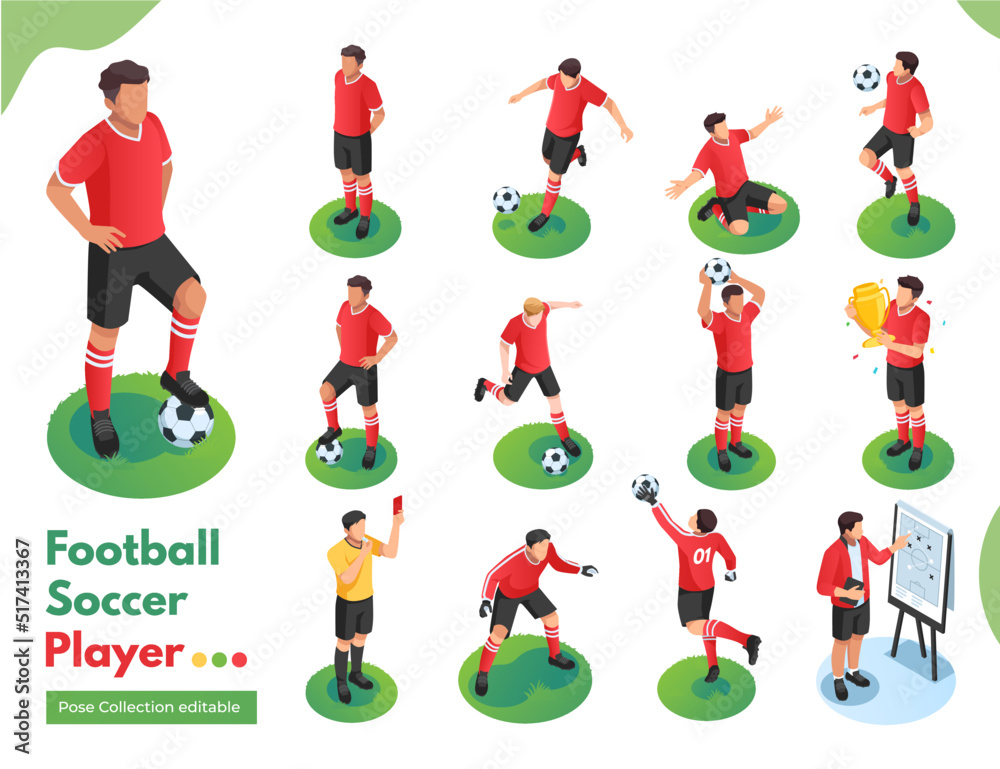 Football soccer player isometric illustration pose collection - obrazy, fototapety, plakaty 
