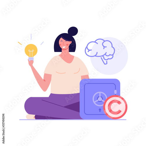 Copyright vector illustration. Concept of intellectual property, copyright, authorship rights. Woman protecting data license. Vector illustration in flat cartoon design for web banner, UI