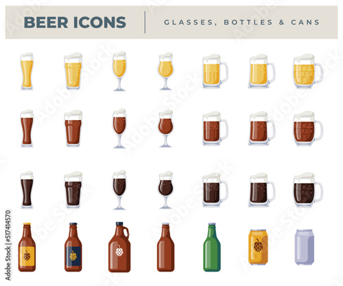 Beer icons. Glasses, bottles & cans
