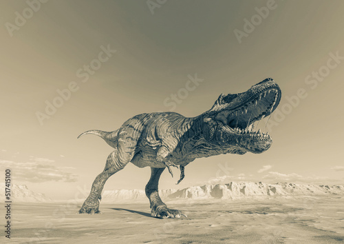 tyrannosaurus is angry on sunset desert cool view © DM7