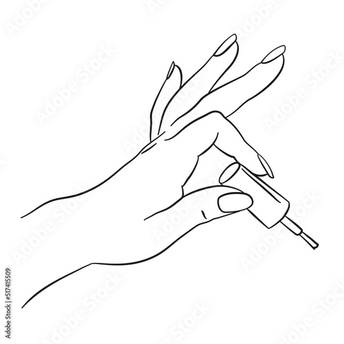 Elegant womans hand holding nail polish brush for manicure concept in line art vector